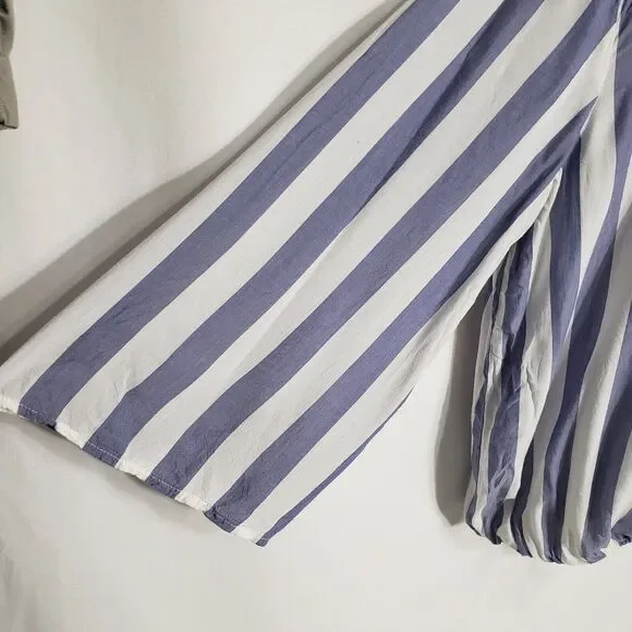 Olive + Oak Womens Blouse Size XL Blue White Striped Button Up Tie Elastic Waist - Picture 5 of 10